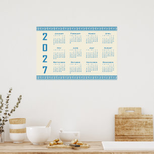 Affiche Calendrier 2027, Méandre Grec, Bleu sur Latte Cosm