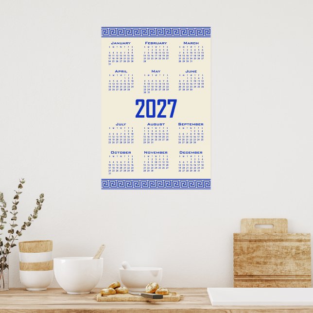 Affiche Calendrier 2027, Méandre Grec, Grec Bleu sur Latte (Cuisine)