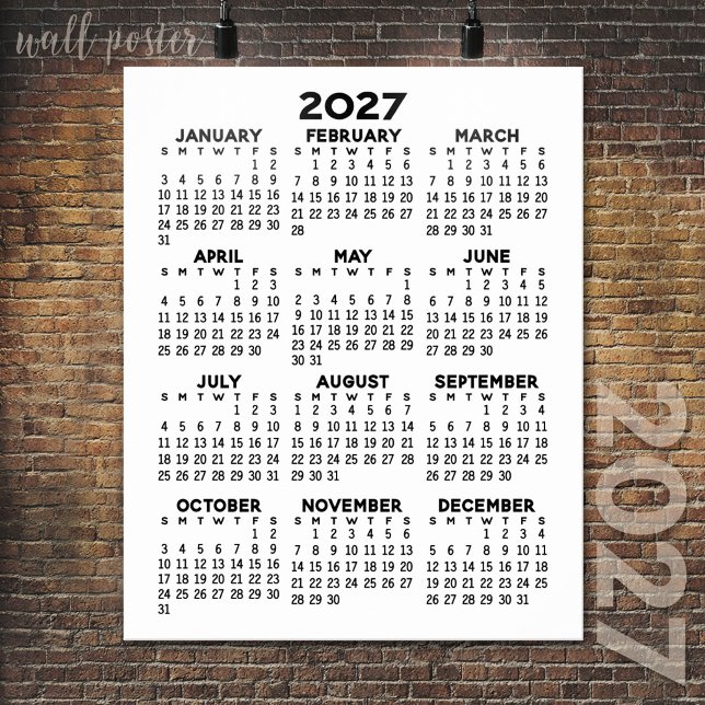 Affiche Calendrier 2027 - Noir et Blanc Minimal de Base (2027 Calendar Poster)