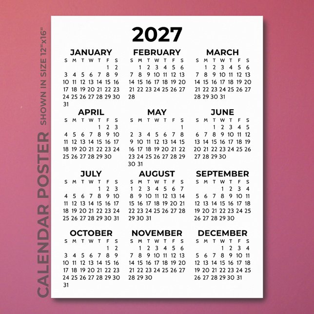 Affiche Calendrier 2027 Simple de Base Noir et Blanc (Créateur téléchargé)