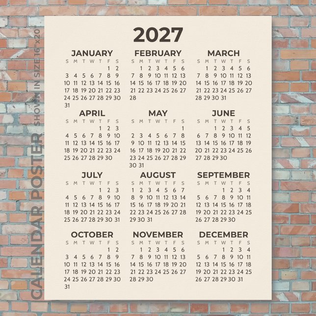 Affiche Calendrier 2027 Simple Moderne Beige Chaud Mural (Créateur téléchargé)