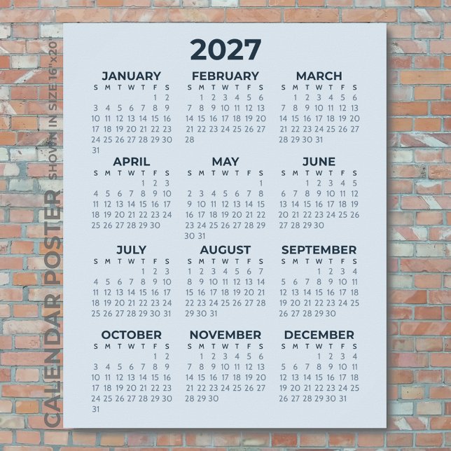 Affiche Calendrier 2027 Simple Moderne Bleu Poussiéreux Mu (Créateur téléchargé)