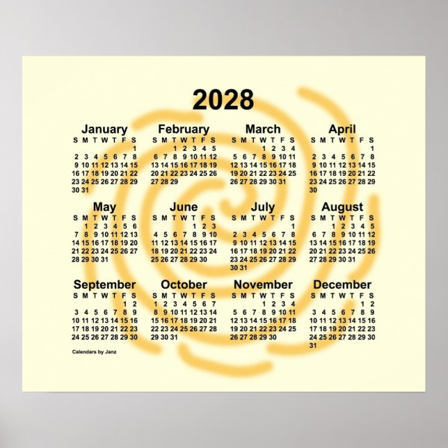 Affiche Calendrier 2028 de jours ensoleillés par Janz Post (Devant)