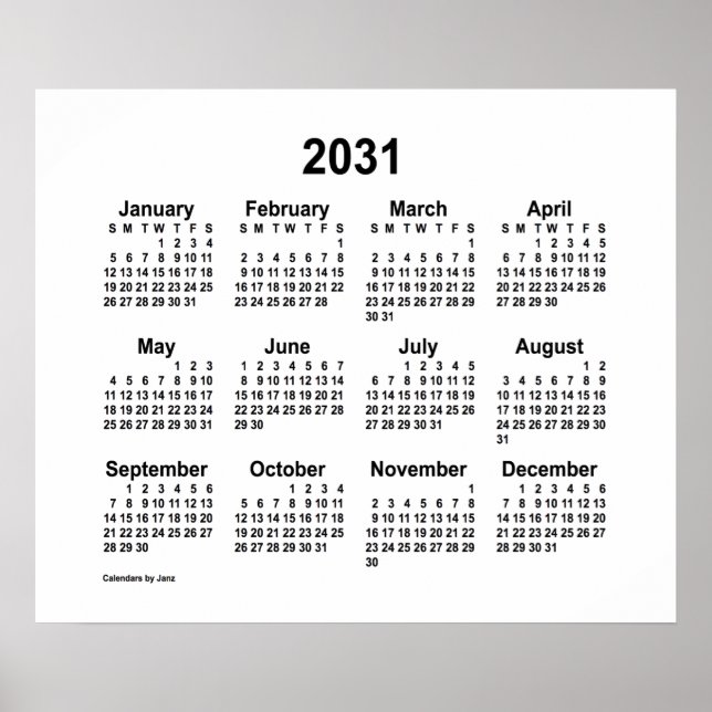 Affiche Calendrier 2031 Blanc par Janz Print (Devant)