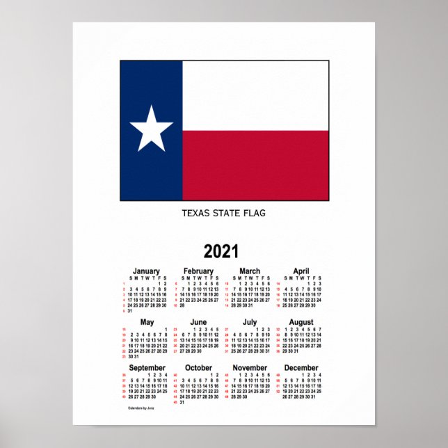 Affiche Calendrier 52 semaines du drapeau du Texas 2021 pa (Devant)
