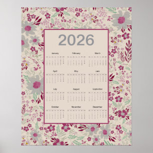 Affiche Calendrier à motif floral gris rose 2026
