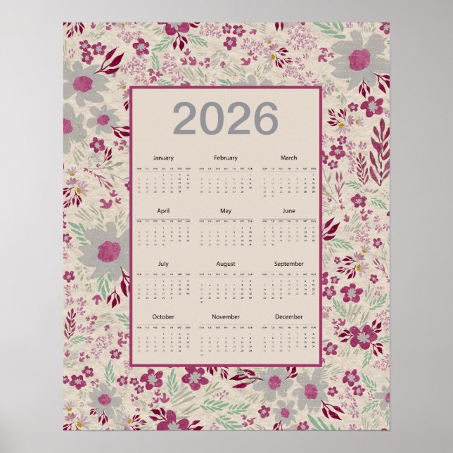Affiche Calendrier à motif floral gris rose 2026 (Devant)