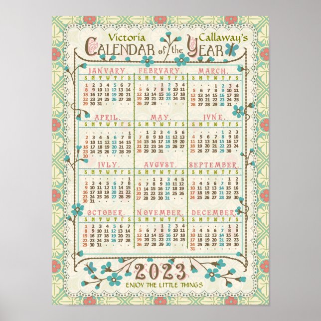 Affiche Calendrier annuel 2023 Art nouveau victorien | Sur (Devant)