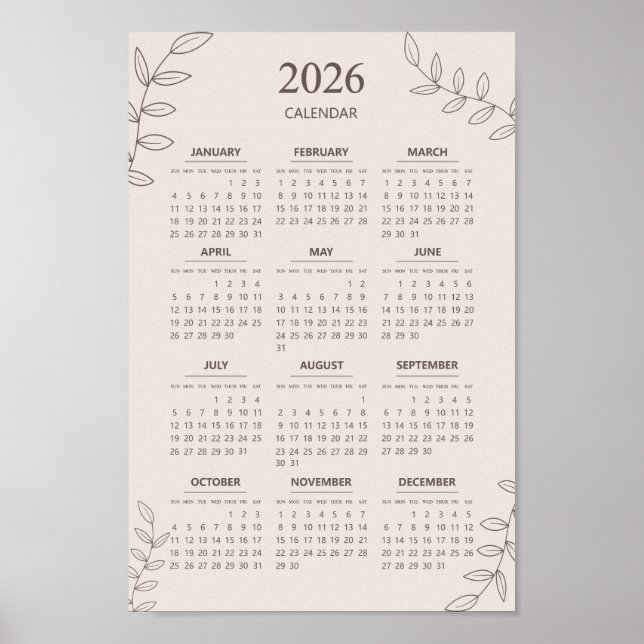 Affiche Calendrier annuel 2026 Art en ligne floral minimal (Devant)