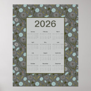 Affiche Calendrier annuel 2026 Dandelion Bleu Gris