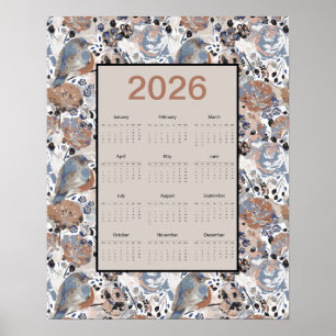 Affiche Calendrier annuel 2026 Oiseau bleu floral