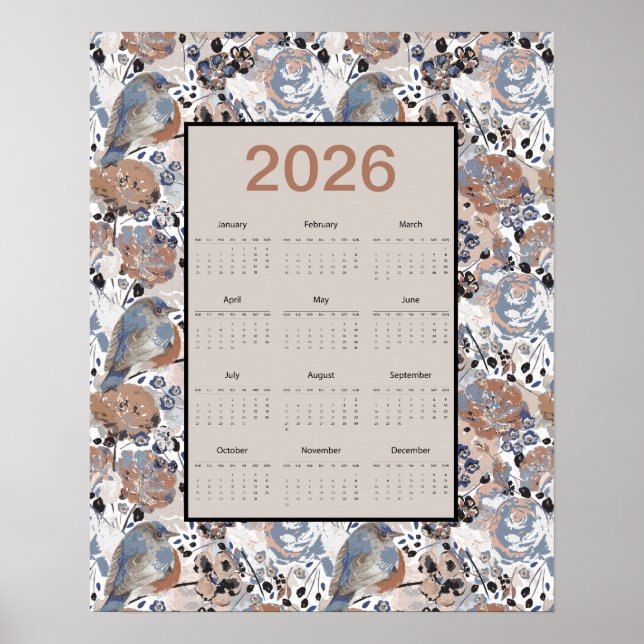 Affiche Calendrier annuel 2026 Oiseau bleu floral (Devant)