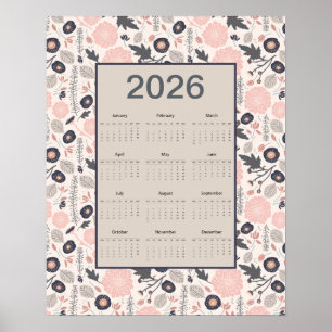 Affiche Calendrier annuel 2026 Rose Gris Botanique