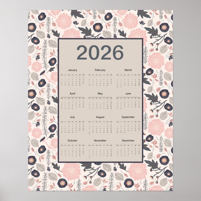 Affiche Calendrier annuel 2026 Rose Gris Botanique (Devant)