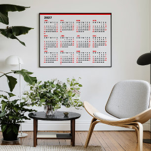 Affiche Calendrier annuel minimaliste 2027 rouge et noir