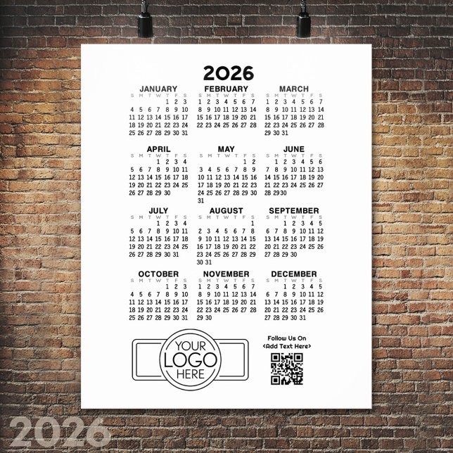 Affiche Calendrier avec logo et code QR - noir blanc (2026 Calendar Poster)