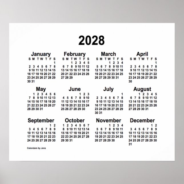Affiche Calendrier blanc 2028 de Janz Print (Devant)