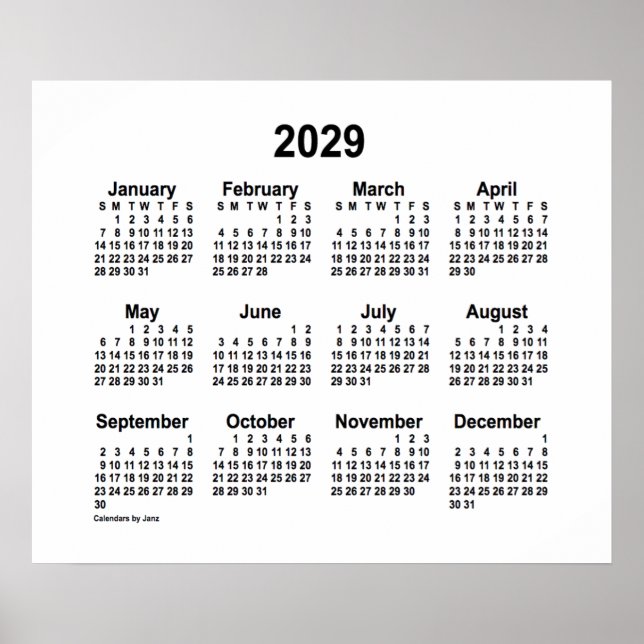 Affiche Calendrier blanc 2029 de Janz Print (Devant)