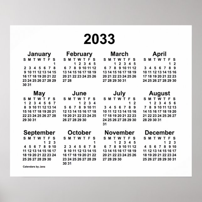 Affiche Calendrier blanc 2033 de Janz Print (Devant)