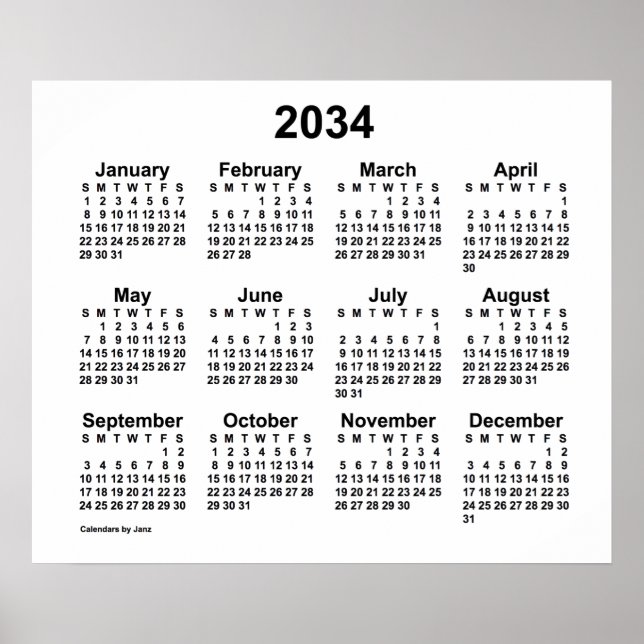 Affiche Calendrier blanc 2034 par Janz Print (Devant)