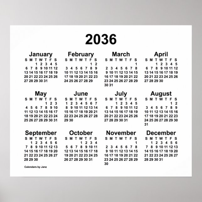 Affiche Calendrier blanc 2036 de Janz Print (Devant)