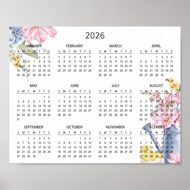 Affiche Calendrier Botanique Floral Élégant Simple 2026 |  (Devant)