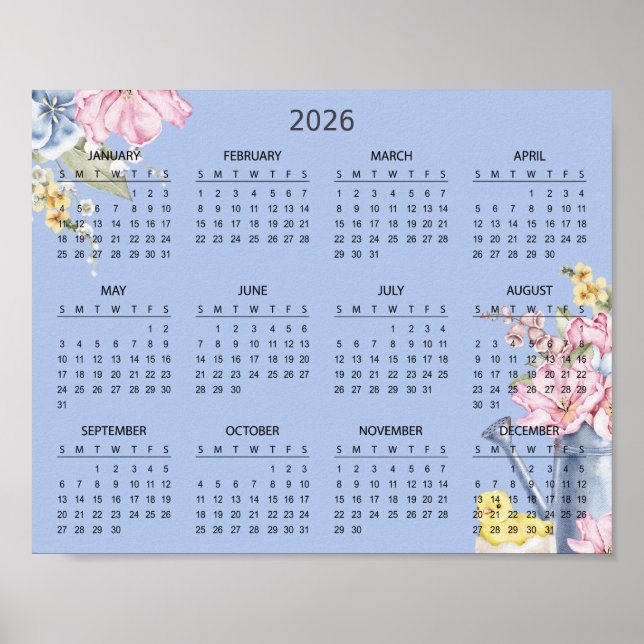 Affiche Calendrier botanique floral élégant simple 2026 |  (Devant)
