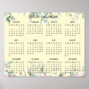 Affiche Calendrier Botanique Floral Élégant Simple 2026   