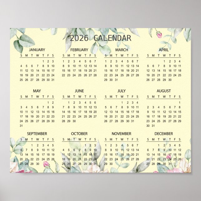 Affiche Calendrier Botanique Floral Élégant Simple 2026 |  (Devant)