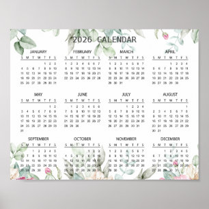 Affiche Calendrier Botanique Floral Élégant Simple 2026