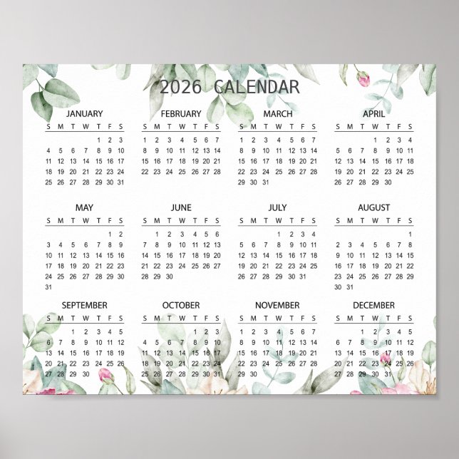 Affiche Calendrier Botanique Floral Élégant Simple 2026 |  (Devant)