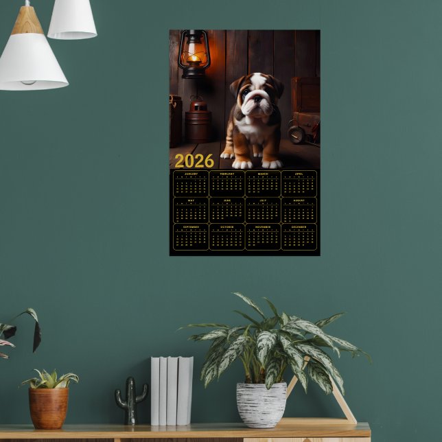 Affiche Calendrier chiot Bouledogue 2026 avec lanterne (Salon 1)
