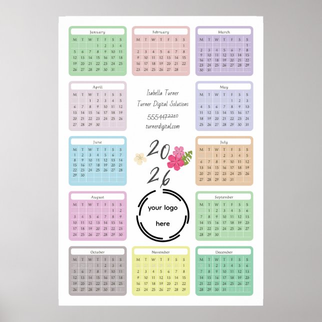 Affiche Calendrier d'affaires 2026 avec votre logo, couleu (Devant)