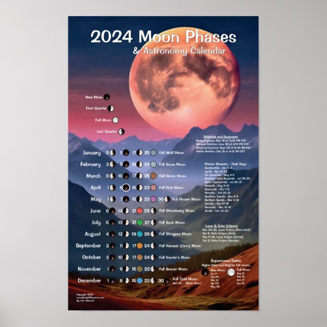 Affiche Calendrier d'astronomie des phases de la lune 2024 (Devant)