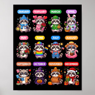 Affiche Calendrier de 12 mois de raton laveur mignon St.Pa