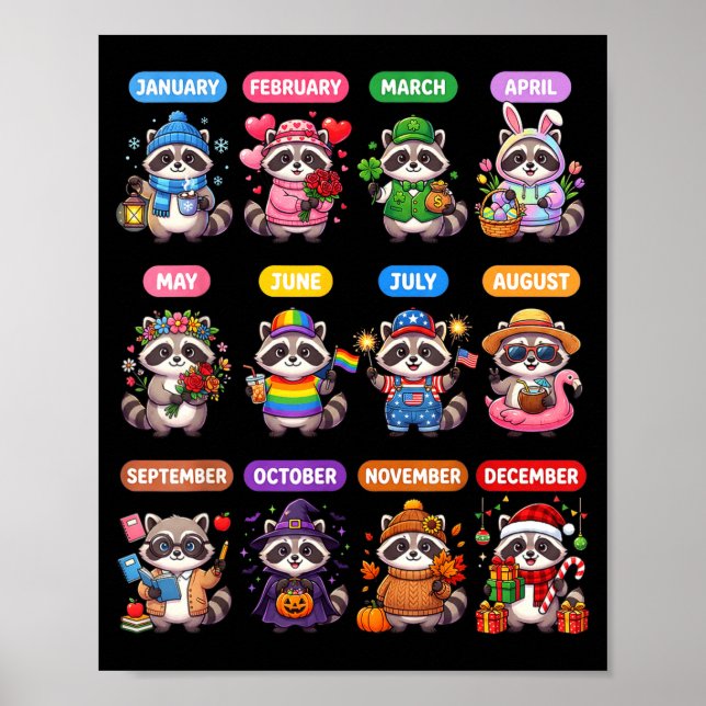 Affiche Calendrier de 12 mois de raton laveur mignon St.Pa (Devant)