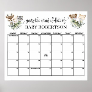 Affiche Calendrier de Baby Shower en bois pour deviner la