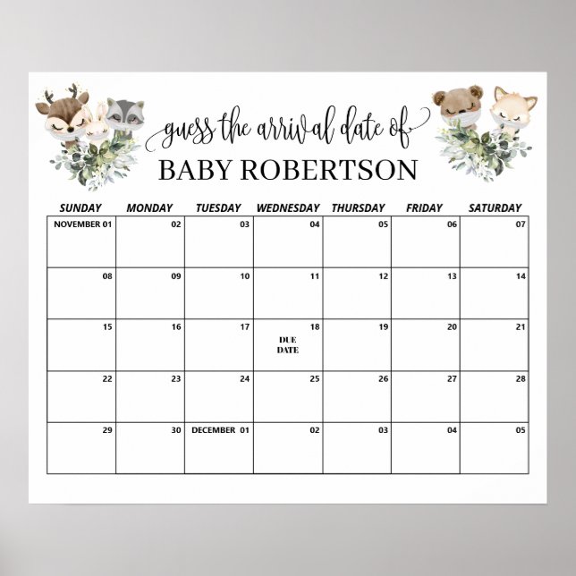 Affiche Calendrier de Baby Shower en bois pour deviner la  (Devant)