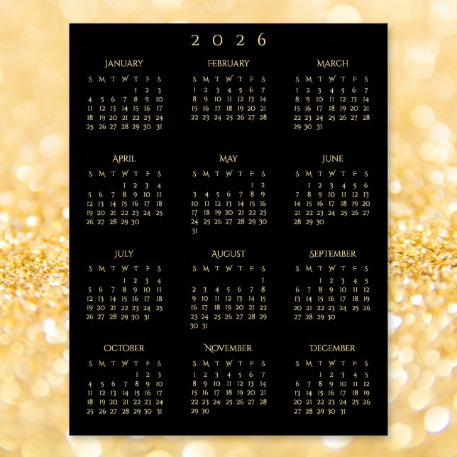 Affiche Calendrier de bureau annuel 2026 Black Gold (2026 Black Gold Full Year Home Office Calendar Poster)
