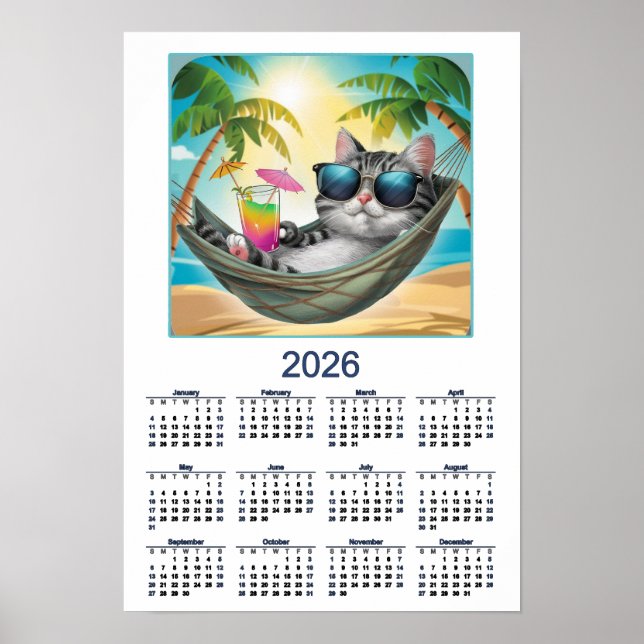 Affiche Calendrier de chat 2026 Cool Tropical Cat (Devant)