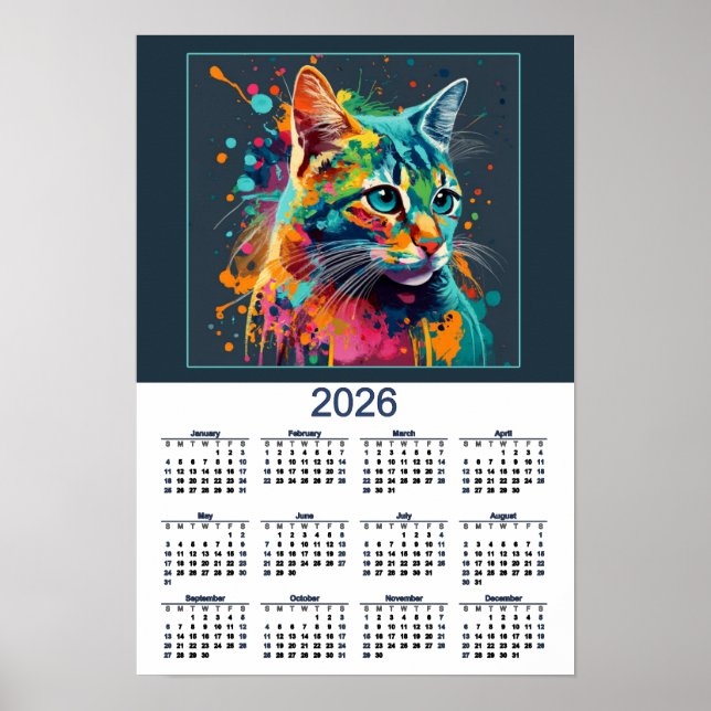 Affiche Calendrier de chat magnifique aquarelle Chat (Devant)