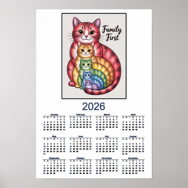 Affiche Calendrier de chats 2026 En famille d'abord (Devant)
