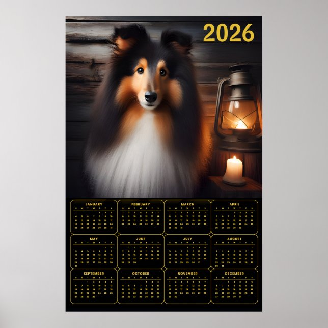 Affiche Calendrier de chien rustique Lanterne Shetland She (Devant)