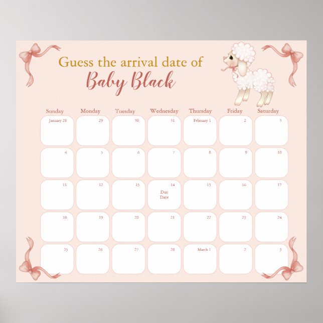 Affiche Calendrier de date d'accouchement pour Baby Shower (Devant)