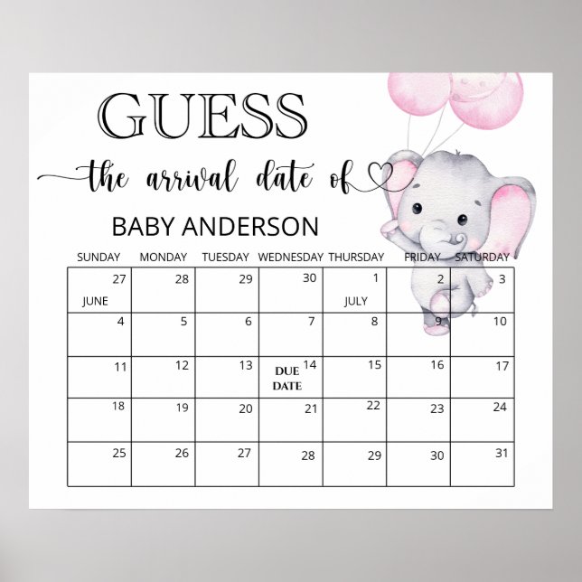 Affiche Calendrier de date d'échéance d'éléphant rose (Devant)