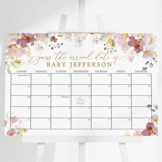 Affiche Calendrier de date d'échéance du Baby shower fleur (Créateur téléchargé)