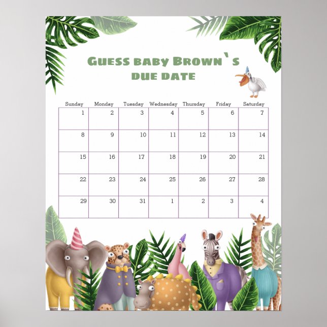 Affiche Calendrier de date prévue d'animaux de Safari Trop (Devant)