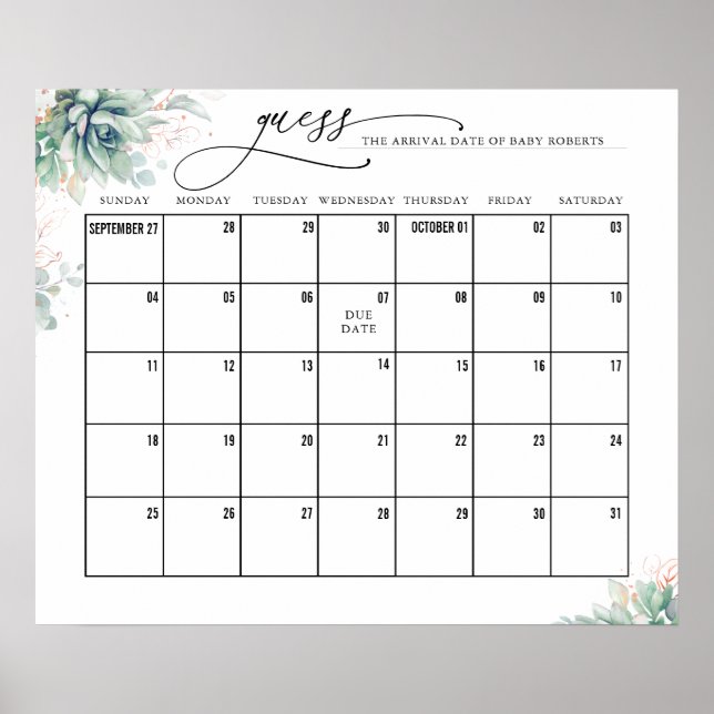 Affiche Calendrier de date prévue de feuilles d'or rose su (Devant)