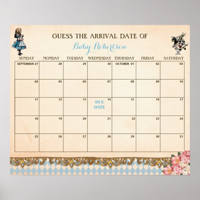 Affiche Calendrier de date prévue pour bébé Alice Wonderla (Devant)