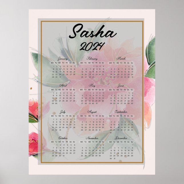 Affiche Calendrier de fleurs roses personnalisé     (Devant)